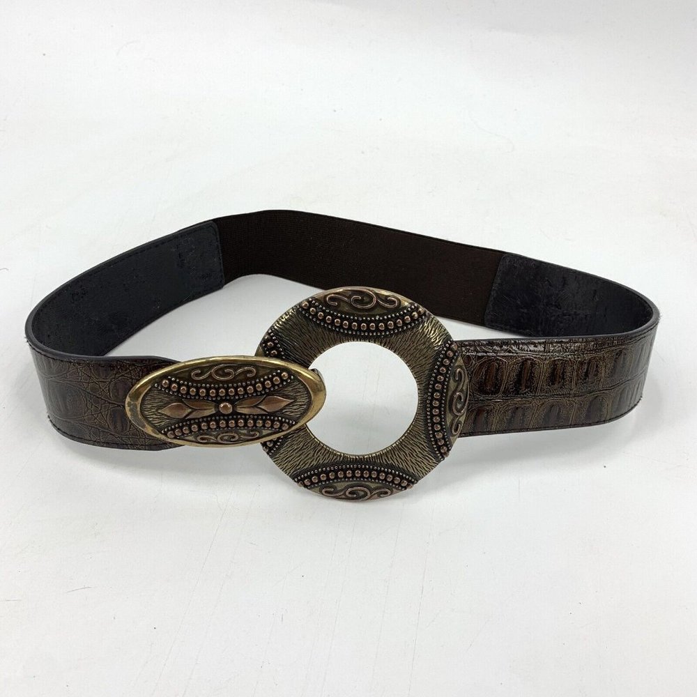 Chicos Faux Croc Elastic Stretch Belt Brass Buckle Boho Stretch to 35" Long